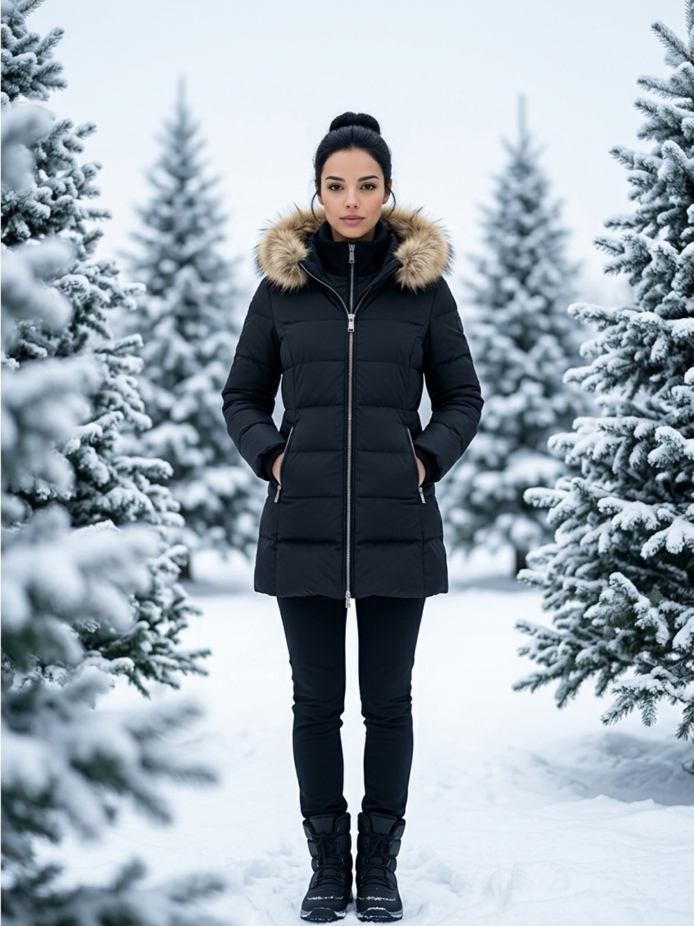 Michael Kors Black Quilted Down Puffer Coat with Removable Faux Fur Hood Trim